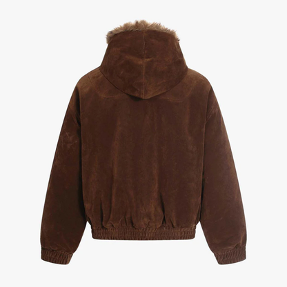 Streetwear Metal Clip Faux Fur Hooded Suede Bomber Jacket