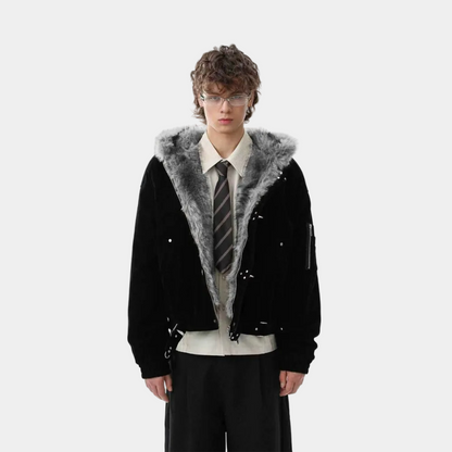 Streetwear Metal Clip Faux Fur Hooded Suede Bomber Jacket