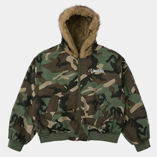 Camouflage Fur Collar Reversible Cotton Jacket