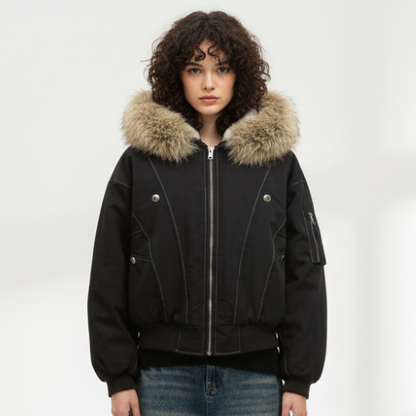 Hooded Faux Fur Bomber - Grey