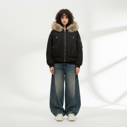 Hooded Faux Fur Bomber - Grey