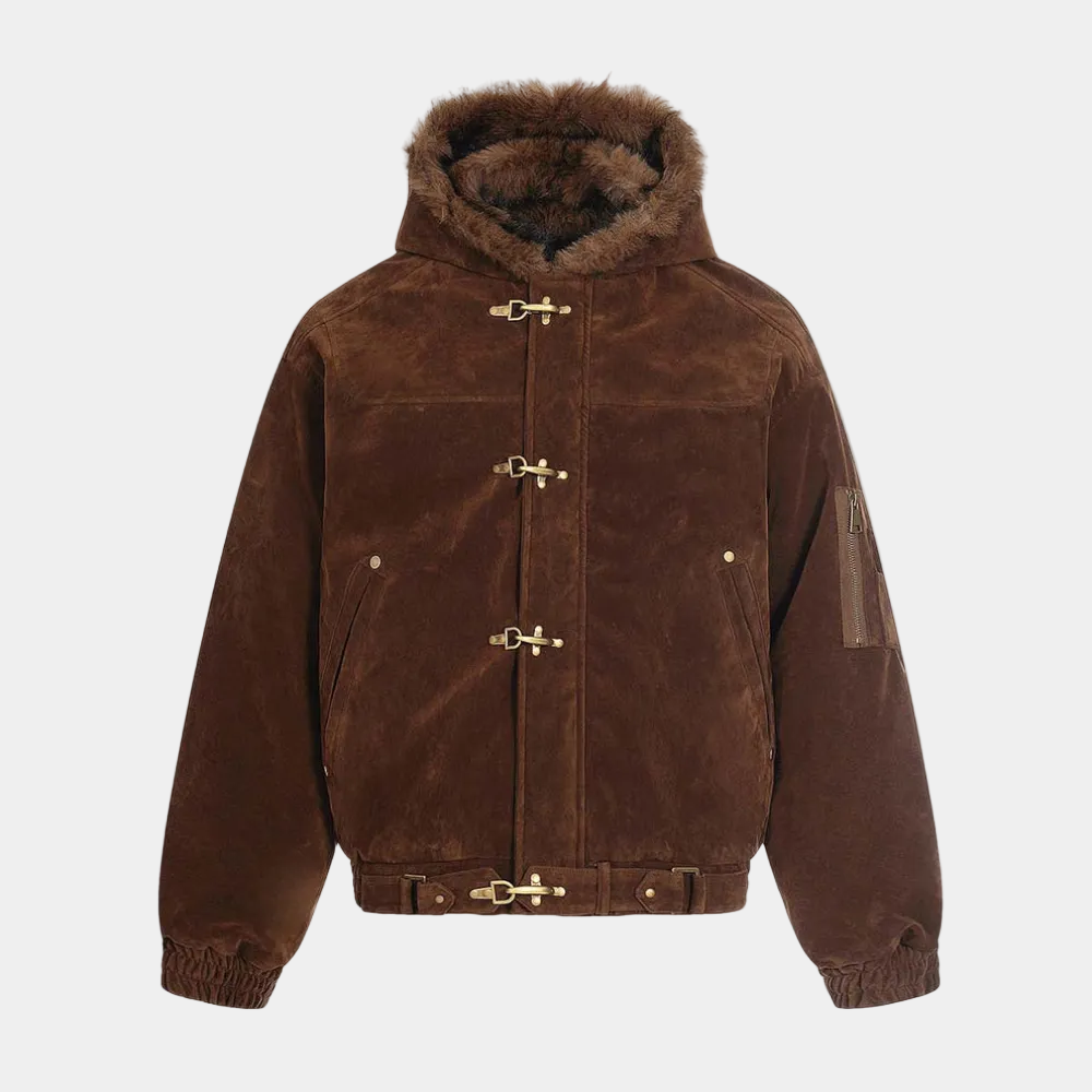 Streetwear Metal Clip Faux Fur Hooded Suede Bomber Jacket