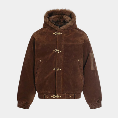 Streetwear Metal Clip Faux Fur Hooded Suede Bomber Jacket