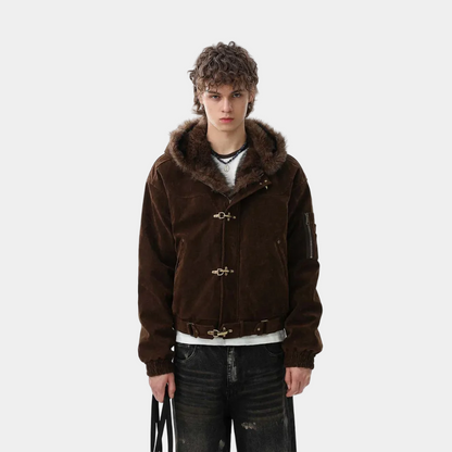 Streetwear Metal Clip Faux Fur Hooded Suede Bomber Jacket