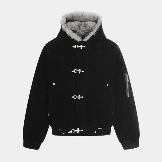 Streetwear Metal Clip Faux Fur Hooded Suede Bomber Jacket