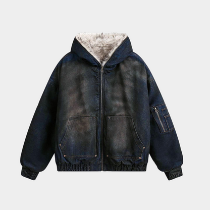 Denim Fur Hooded Jacket - Deep Blue