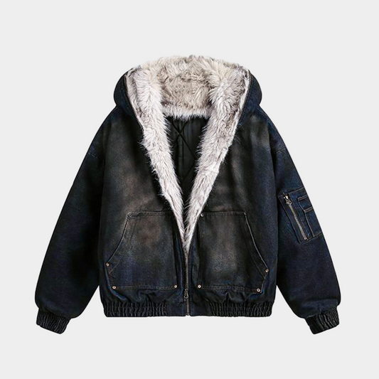 Denim Fur Hooded Jacket - Deep Blue